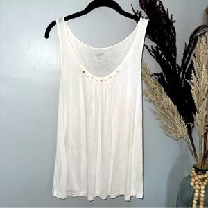 Loft Sz Med Off White Linen Rayon Blend Embellished Tank Top Sleeveless Blouse